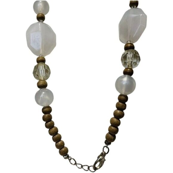 Oversized White Shell Pendant Statement Necklace 19" Icy Glass Beaded Bohemian - Picture 6 of 8